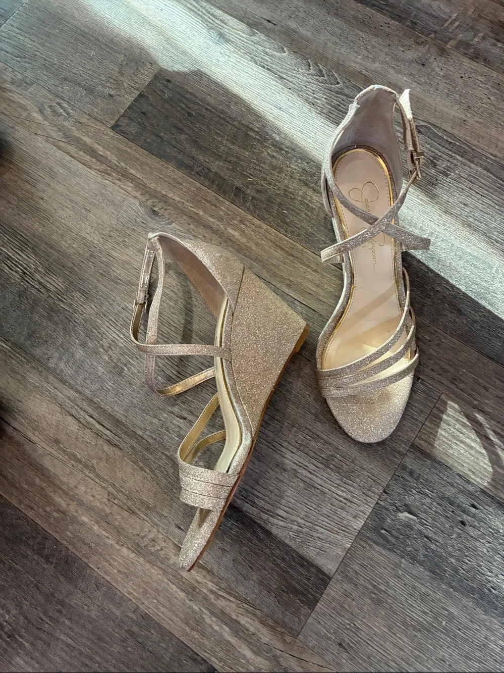 Jessica Simpson Platform Gold Glitter Strappy Heels Sz 8.5